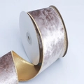 Grey velvet ribbon with gold wire edges on a white spool for DIY Christmas decoration - 6.3cm Width / 10 Yards / Light Gray