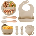 8-piece silicone baby feeding set in beige with suction bowl, plate, and bib - Off-white-8Pcs Set