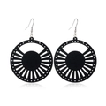 Detail of black hollow wood earrings with creative geometric sunburst pattern - Style 17 (Radiating Circle)