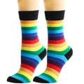 Detail of vibrant rainbow striped mid-calf socks with reinforced black heel and toe parts - One Size / Black Trim