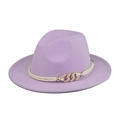Side view of lavender wool fedora hat with elegant gold metal link rope band detail - Adult 56-60cm / Light Purple With Gold Chain