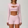 Pink two-piece yoga set with long sleeve cutout crop top and V-waist gym shorts - S / Top And Bottom / Long Sleeve + Shorts / Peach Pink
