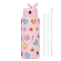 Borraccia sportiva rosa con stampe cartoon, maniglia, cannucce e spazzola per la pulizia - Rosa Chiaro 11G