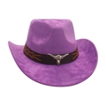 Purple faux suede western cowboy hat featuring a silver bull head metal emblem - Purple