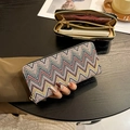 Long zip wallet for women with colorful woven wave pattern and large capacity for phones - Brown