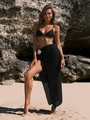Detail of black halter bikini and mesh slit skirt with a white floral waist accent - S / Black