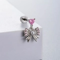 Pink heart zircon bowknot screw back earring in silver finish made of titanium steel - Pink Heart Bowknot with Pearl (A56-5#) / Single Piece