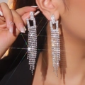 Elegant long silver tassel earrings with sparkling rhinestones in a geometric heart design - Silver Rectangular Tassel