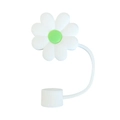 White silicone straw cover for 10mm cups featuring a light green floral decoration - White