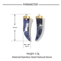 Detailed product dimensions for natural stone and stainless steel horn pendants - VG626 (Blue-White Horn)