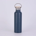 Insulated navy blue stainless steel sports bottle with natural bamboo lid and metal handle - Navy Blue (Wood Lid)