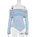 Close-up of off-the-shoulder light blue bodysuit featuring fine pleated fabric texture - S / Blue