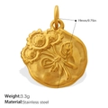 Golden stainless steel round floral pendant featuring embossed flower and ribbon details - PJ1979G Relief Round Plate-Gold