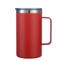 Detail view of red stainless steel insulated mug with sturdy handle and transparent lid - Matte Red