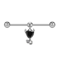 Macro detail of industrial barbell featuring a black devil heart pendant with clear crystal - Black