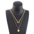 Double-layered gold padlock necklace featuring chunky Cuban links and a toggle clasp - Gold Color Style (KN1196552-Z)