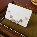 Three pairs of silver square zircon stud earrings set displayed on a premium white card - Square Set / Silver