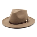 Close-up of camel wool fedora hat with a brown braided leather band and gold buckle - M (56-58cm) / Dark Khaki