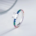 Anello in argento sterling 925 con diamante taglio Asscher e pietre laterali arcobaleno - US 6 / Oro Bianco