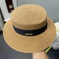 Straw sun hat in natural tan with black grosgrain ribbon and gold metal accent - M (56-58cm) / Khaki Black Band