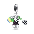 Detailed charm showing boxing glove, football cupcake and egg whisk on silver base - Football Theme Triple Pendant