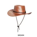Classic dark brown PU leather western cowboy hat with woven band and adjustable chin strap - One Size (54-58CM) / Brown