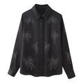 Women's 2024 black beaded embroidery long sleeve shirt and straight pants set outfit - Black Top