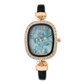 Elegant rose gold oval watch with teal marble dial and sparkling rhinestone bezel - Green