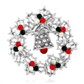 Christmas wreath brooch with sparkling rhinestones and a central bell on silver base - BR1328 White K Wreath Bell