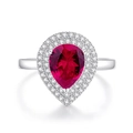 Luxe S925 zilveren ring met een peervormige duivenbloedrode robijn en een diamanten halo - US 6 / Robijnrood