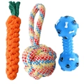 Three-piece dog toy set featuring woven cotton carrot, rope knot, and blue rubber ball - Durable 3-Piece Set (Carrot + Loop Ball + Squeaky Dumbbell)