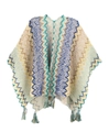 Ethnic knit poncho with blue zigzag pattern and decorative fringe tassels - Cardigans / Light Blue