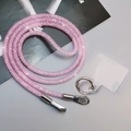 Pink rhinestone mesh crossbody phone lanyard with silver metal clasp and clear patch - Crossbody Style [Sakura Pink] Mesh Rhinestone Lanyard + Silver Round Buckle + Semi-Transparent Patch