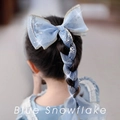 Blue tulle hair ribbon with silver snowflake patterns braided into a girl's hairstyle - Blue Streamer Bow Hair Clip (A190-07)