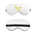 White faux silk bride eye mask with gold Bride text and adjustable black strap - Heart Bride / White