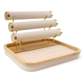 Three-tier wood jewelry display stand with cream velvet bars for rings and bracelets - Beige