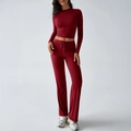 Women's Y2K two-piece set in red featuring a slim long-sleeve crop top and straight pants - S / Burgundy