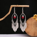 Bohemian silver earrings with red bead and feather fringe on natural wood - E2044-1 Red Feather Tassel
