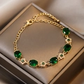 Detailed close-up of emerald floral gold bracelet with shimmering zircon stones and gems - Emerald Rhinestone Flower Bracelet (Real Gold Plated)