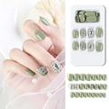 Press-on nails in grey-green finish with delicate pearls and rhinestones 24pcs set - F785-1 Sage Green Pearl Rhinestone