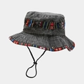 Detailed texture of dark grey washed denim bucket hat with colorful ethnic embroidery - One Size / Black