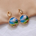 Vintage oil painting style purple floral pendant earrings with pearls and crystals - Beach Landscape Pearl [C-38]