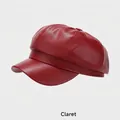 Chic claret PU leather baker boy hat for women with retro textured finish - One Size (54-58cm) / Burgundy
