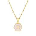Gold stainless steel hexagonal pendant necklace with pink shell inlay and letter H - Pink Shell H