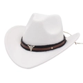 Classic white wool western cowboy fedora hat with a decorative metal bull head buckle band - M (56-58cm) / White (Cowboy Bull Head)