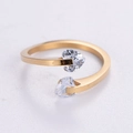 Gold open ring with double heart-shaped zircons on a polished stainless steel band - US 6 / Gold