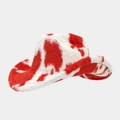 Detailed close-up of plush red and white cow print texture on a western cowboy hat - Straight Top Cow Print Red