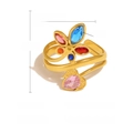 Gold 18K PVD plated stainless steel ring with rainbow leaf zircon stones and sizing info - Colorful Rhinestone Style (SR020146)