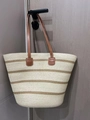 Woven straw tote bag with beige and brown stripes and leather handles for women - Beige Brown Wide Stripe