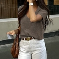T-shirt femme en maille à manches courtes et col en V couleur marron moka élégant - S / Camel
